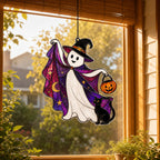 Trick-or-Treat Ghost with Pumpkin Bucket window hanging suncatcher with rainbow light reflections