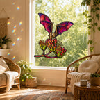 Pink Bat over Autumn Blooms holographic acrylic suncatcher hanging in a sunlit window