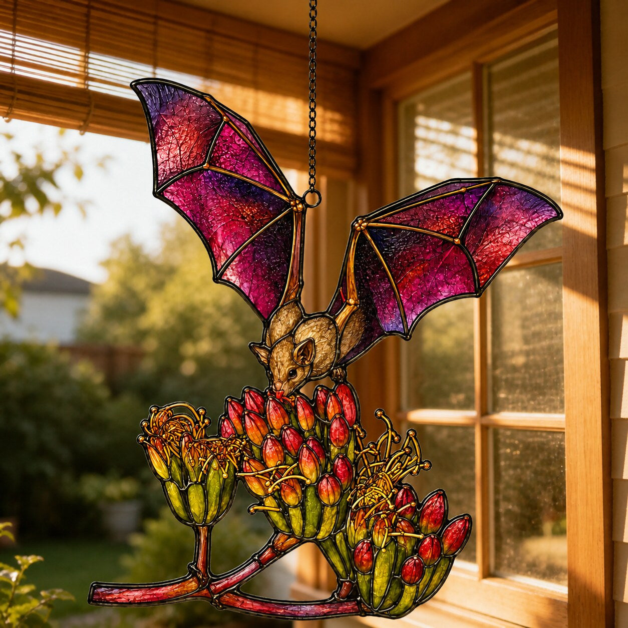 Close-up of the Pink Bat over Autumn Blooms holographic suncatcher showing its stained-glass style artwork