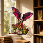 Pink Bat over Autumn Blooms acrylic suncatcher hanging in a window with seasonal decor