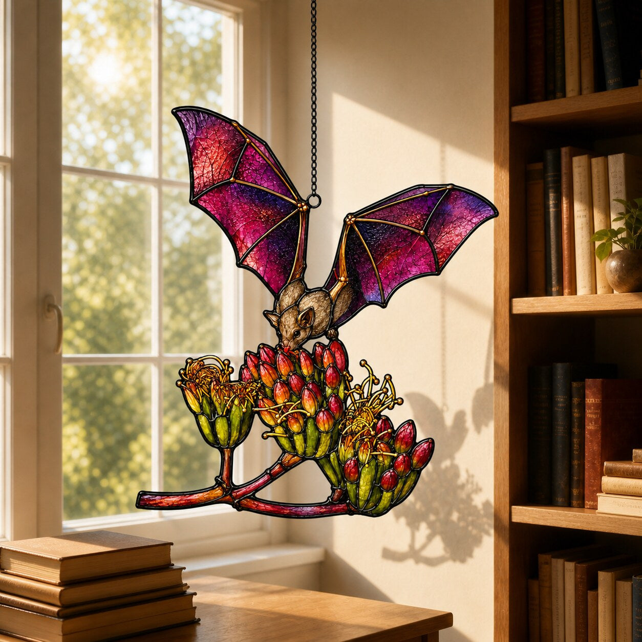Pink Bat over Autumn Blooms acrylic suncatcher hanging in a window with seasonal decor