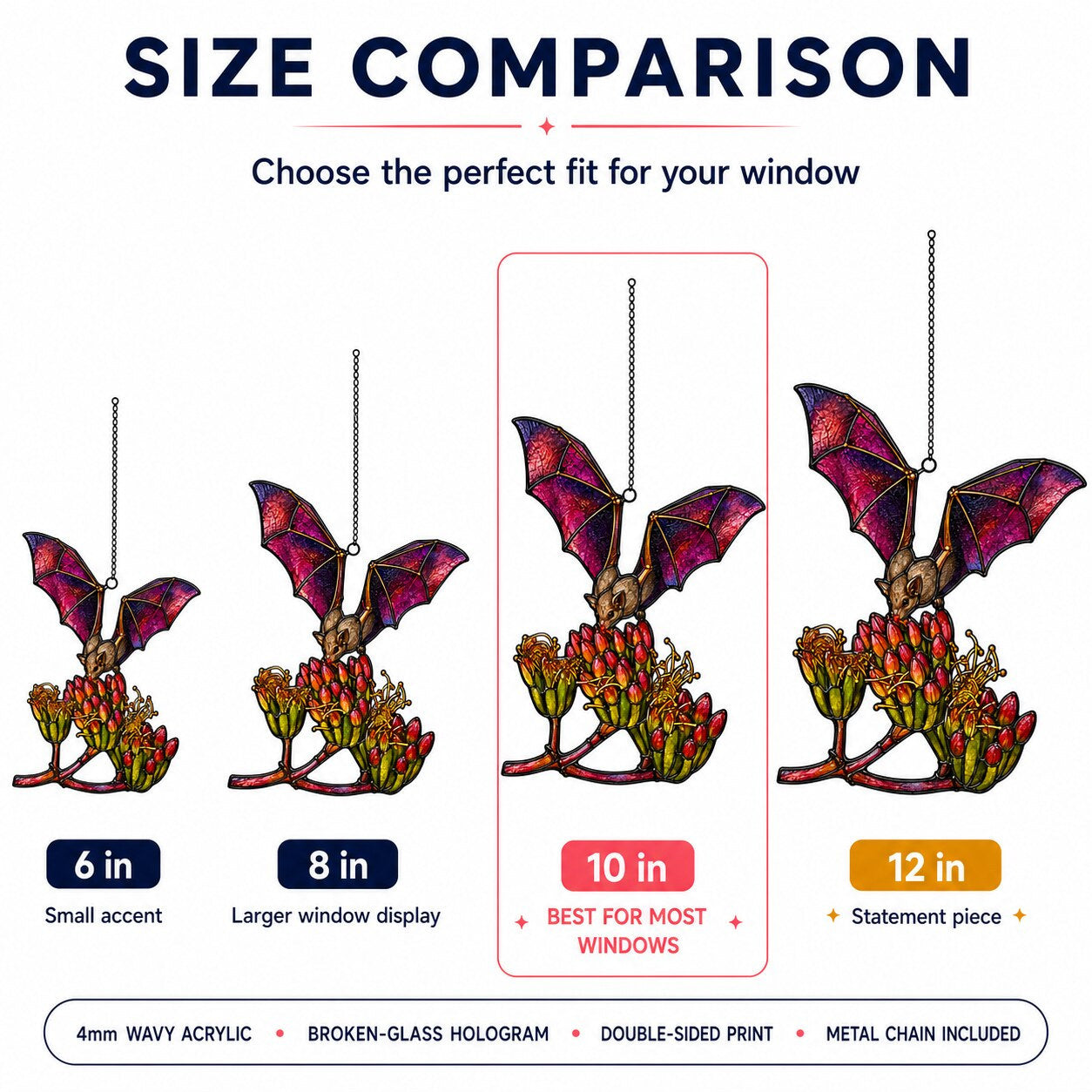 Size comparison chart for the Pink Bat over Autumn Blooms suncatcher: 6, 8, 10 and 12 inch options