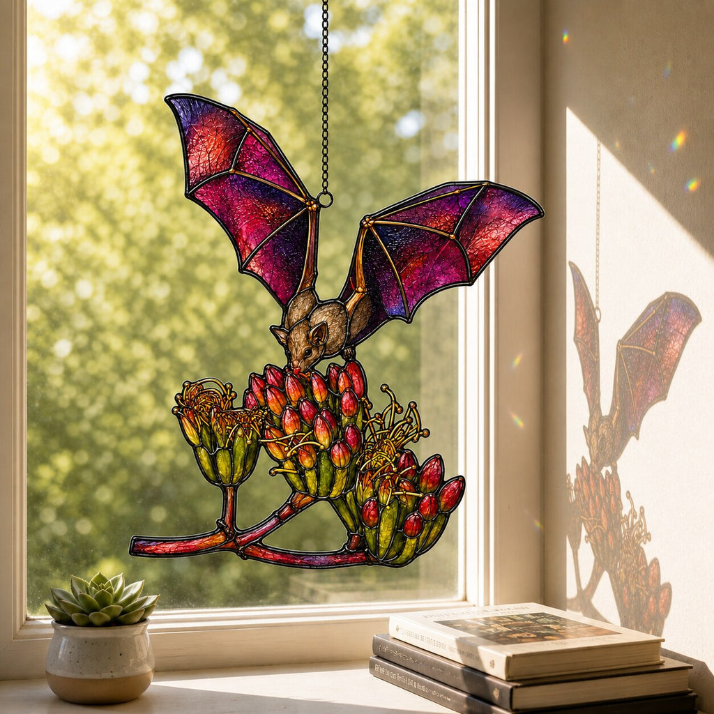 Pink Bat over Autumn Blooms suncatcher on its metal hanging chain in a bright window