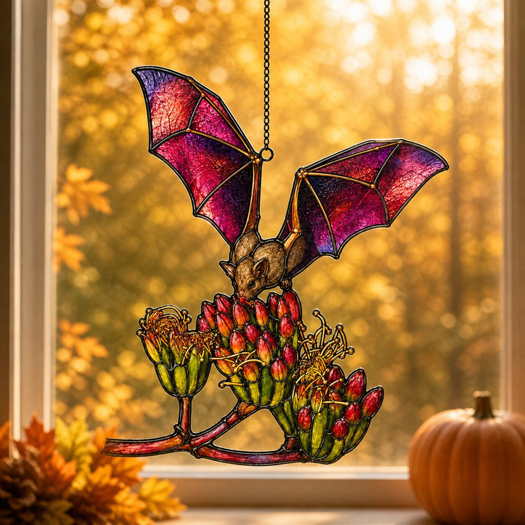 Pink Bat over Autumn Blooms holographic acrylic suncatcher styled in a cozy room