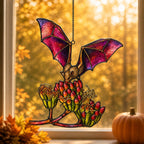 Pink Bat over Autumn Blooms holographic acrylic suncatcher styled in a cozy room