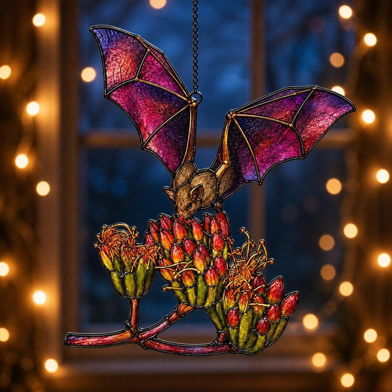 Pink Bat over Autumn Blooms window suncatcher seen against a sunlit garden
