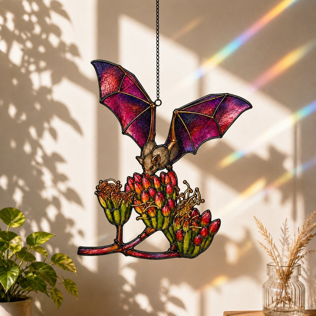 Pink Bat over Autumn Blooms holographic suncatcher hanging in a living room window