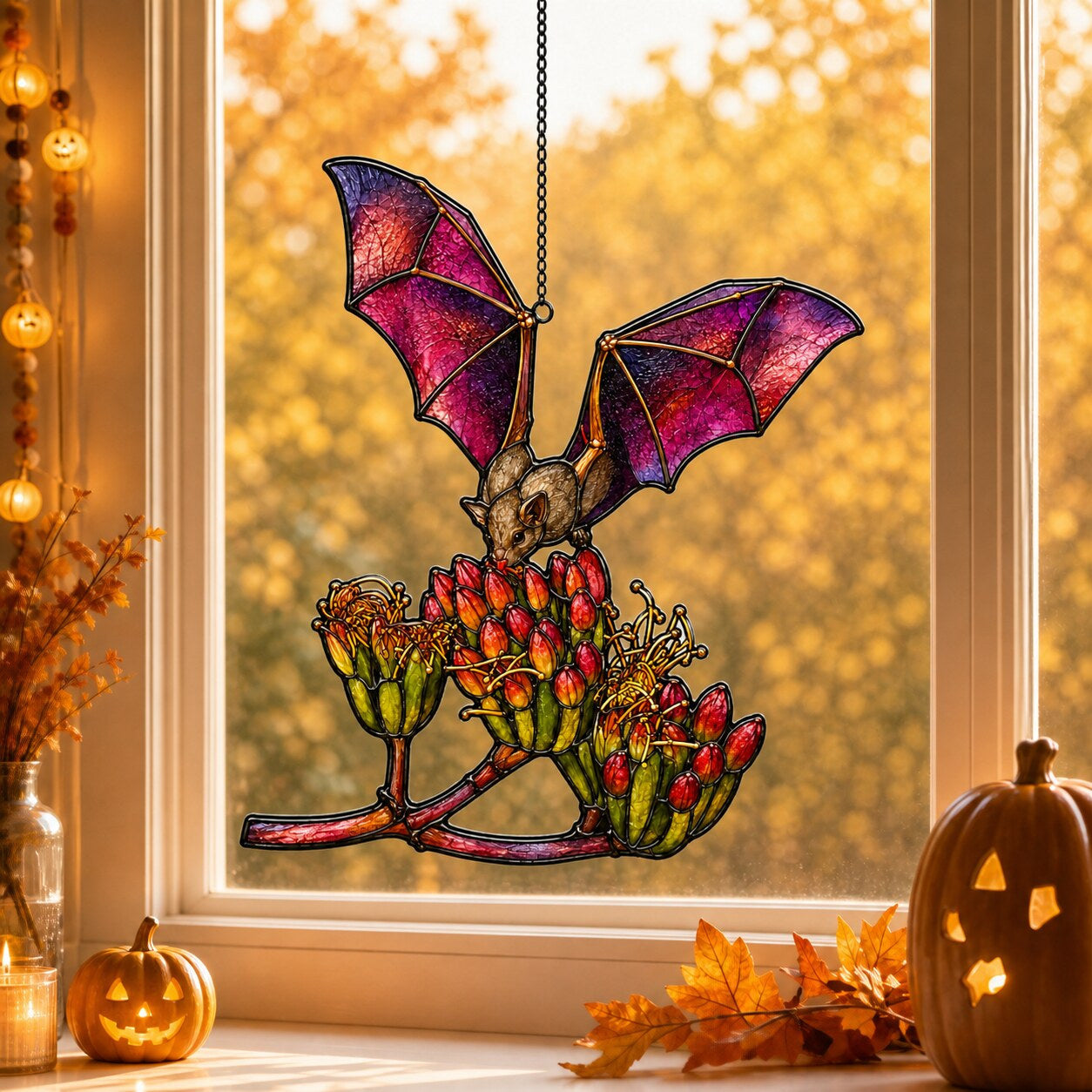 Pink Bat over Autumn Blooms acrylic suncatcher in a warm, softly lit interior