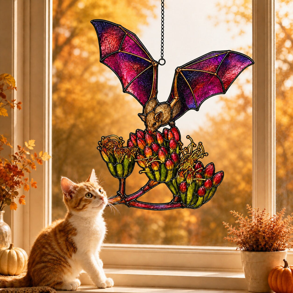Pink Bat over Autumn Blooms suncatcher displayed in a home window