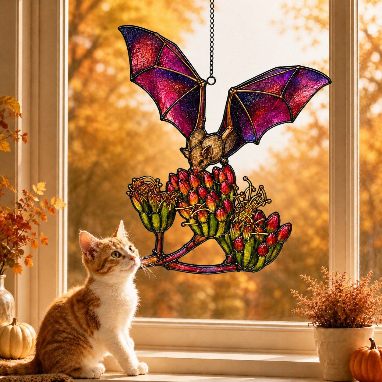 Pink Bat over Autumn Blooms suncatcher displayed in a home window