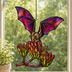 Pink Bat over Autumn Blooms window hanging suncatcher with rainbow light reflections