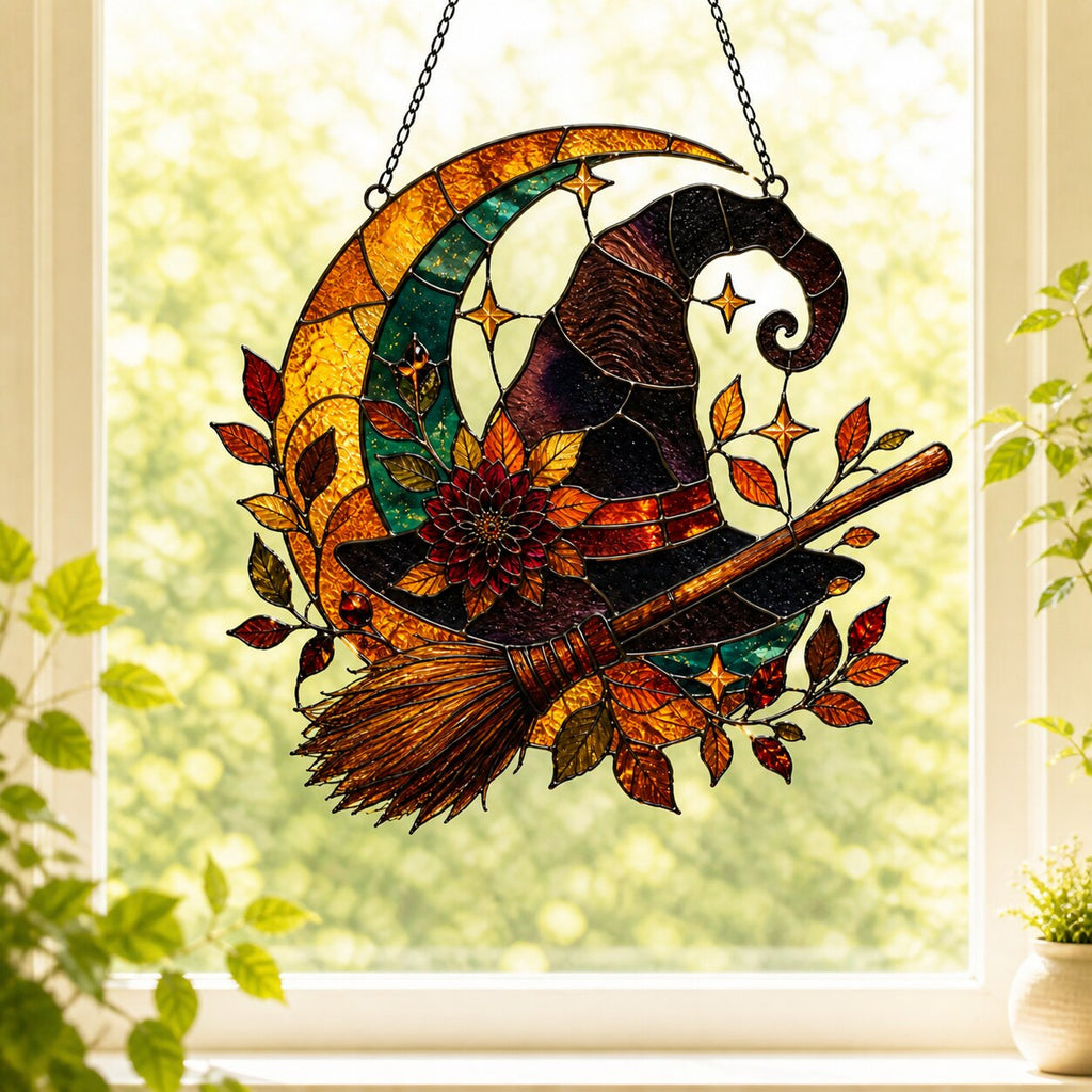Witch Hat and Broom on Crescent Moon holographic acrylic suncatcher hanging in a sunlit window