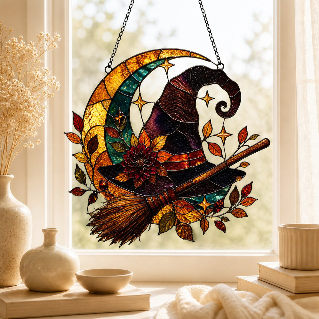 Witch Hat and Broom on Crescent Moon suncatcher catching afternoon light in a home window