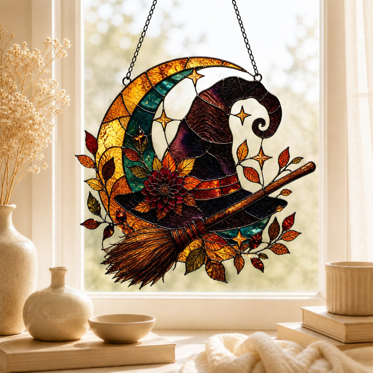Witch Hat and Broom on Crescent Moon suncatcher catching afternoon light in a home window
