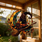 Close-up of the Witch Hat and Broom on Crescent Moon holographic suncatcher showing its stained-glass style artwork