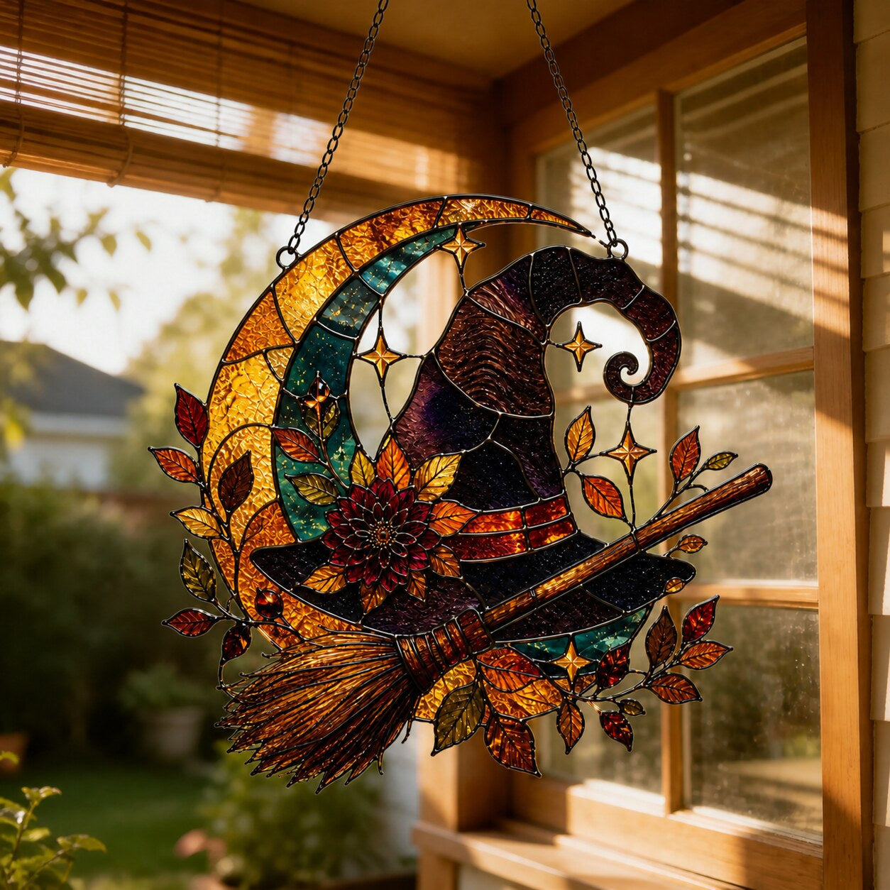 Close-up of the Witch Hat and Broom on Crescent Moon holographic suncatcher showing its stained-glass style artwork