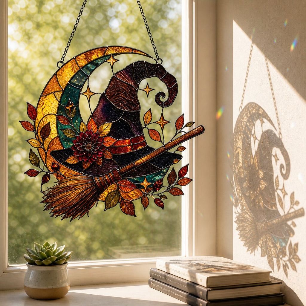Witch Hat and Broom on Crescent Moon acrylic suncatcher hanging in a window with seasonal decor