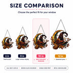 Size comparison chart for the Witch Hat and Broom on Crescent Moon suncatcher: 6, 8, 10 and 12 inch options