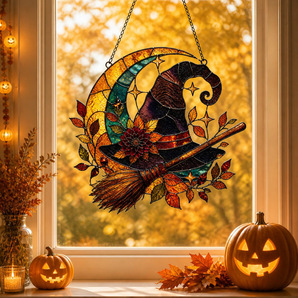 Witch Hat and Broom on Crescent Moon holographic suncatcher with sunlight passing through the acrylic