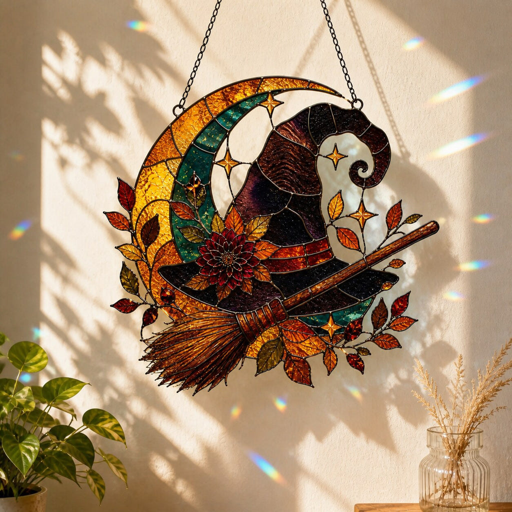 Witch Hat and Broom on Crescent Moon suncatcher on its metal hanging chain in a bright window