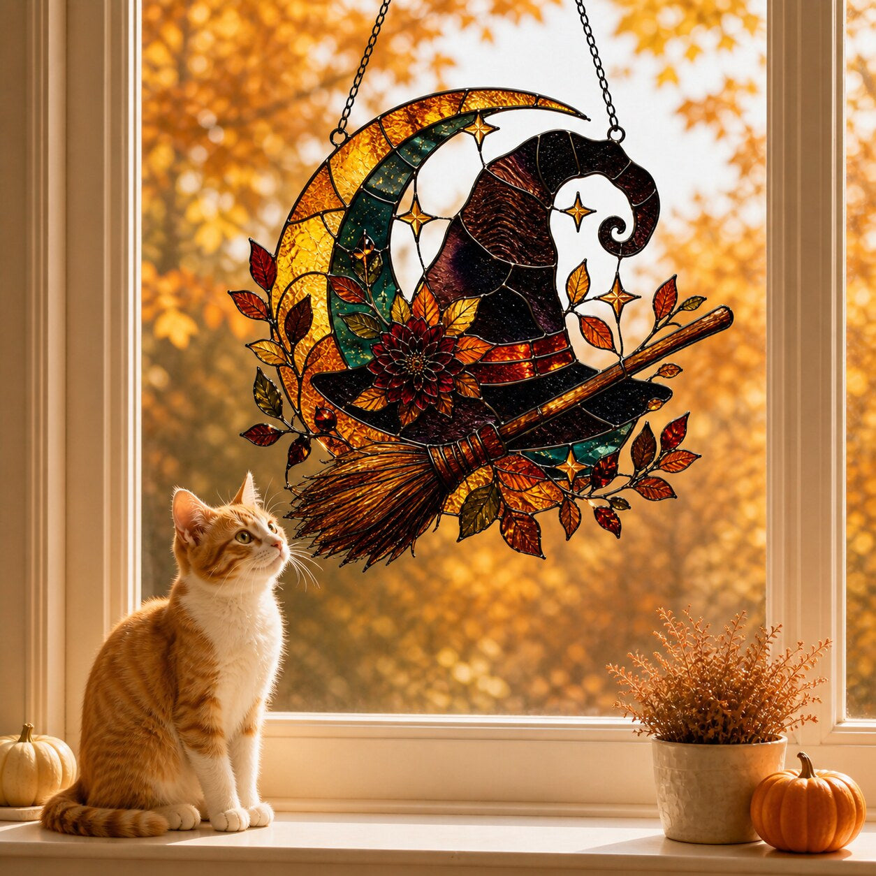 Witch Hat and Broom on Crescent Moon holographic acrylic suncatcher styled in a cozy room