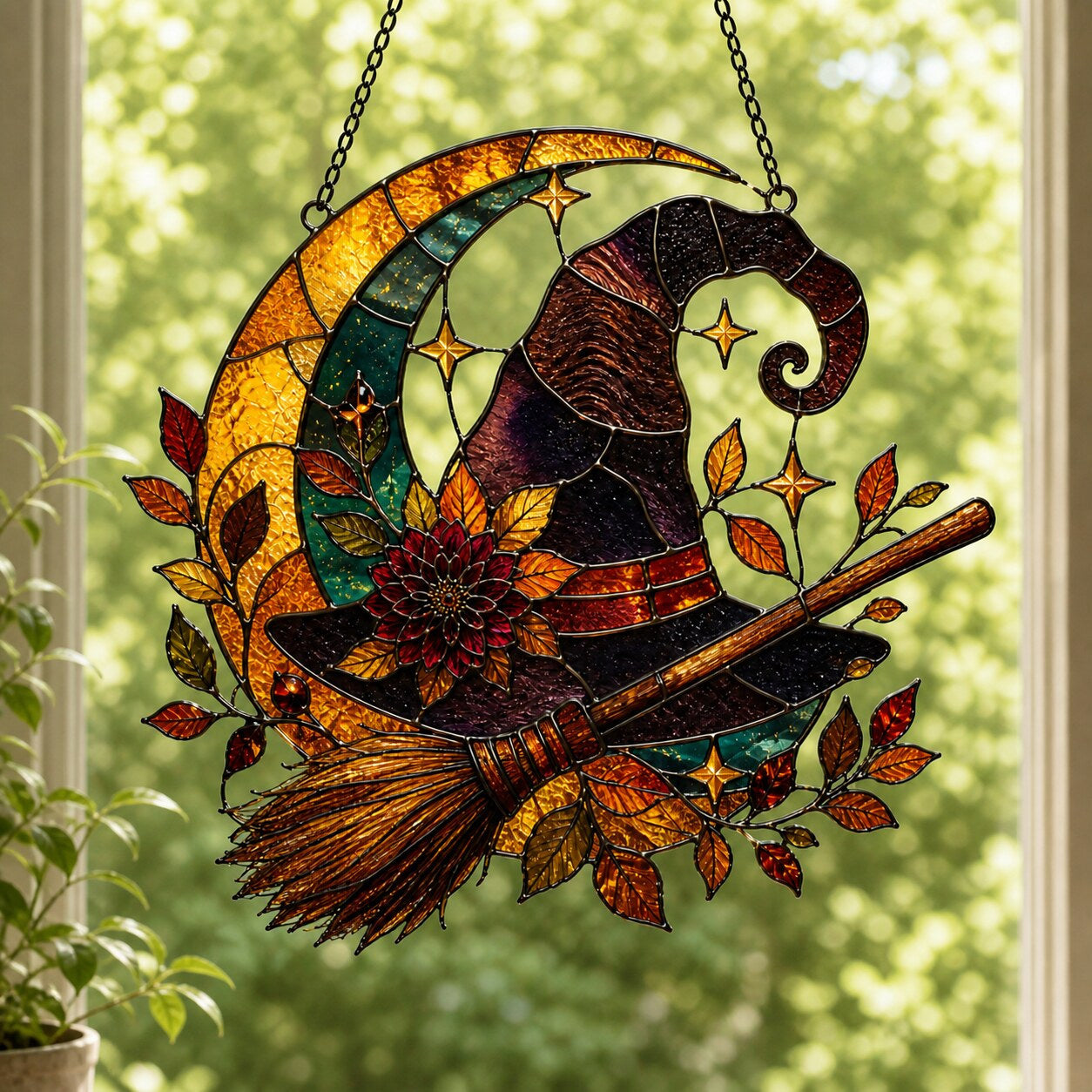 Witch Hat and Broom on Crescent Moon window suncatcher seen against a sunlit garden