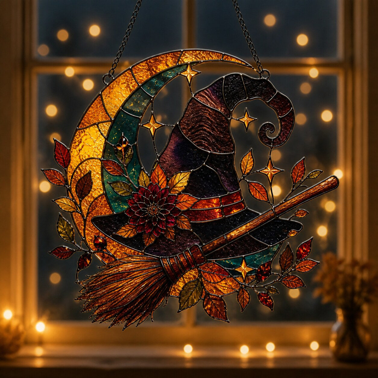 Witch Hat and Broom on Crescent Moon holographic suncatcher hanging in a living room window