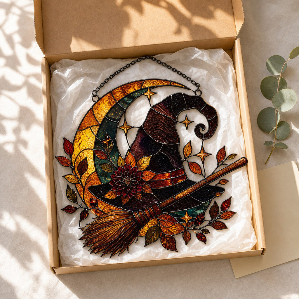 Witch Hat and Broom on Crescent Moon acrylic suncatcher in a warm, softly lit interior