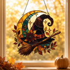 Witch Hat and Broom on Crescent Moon holographic acrylic suncatcher in natural daylight