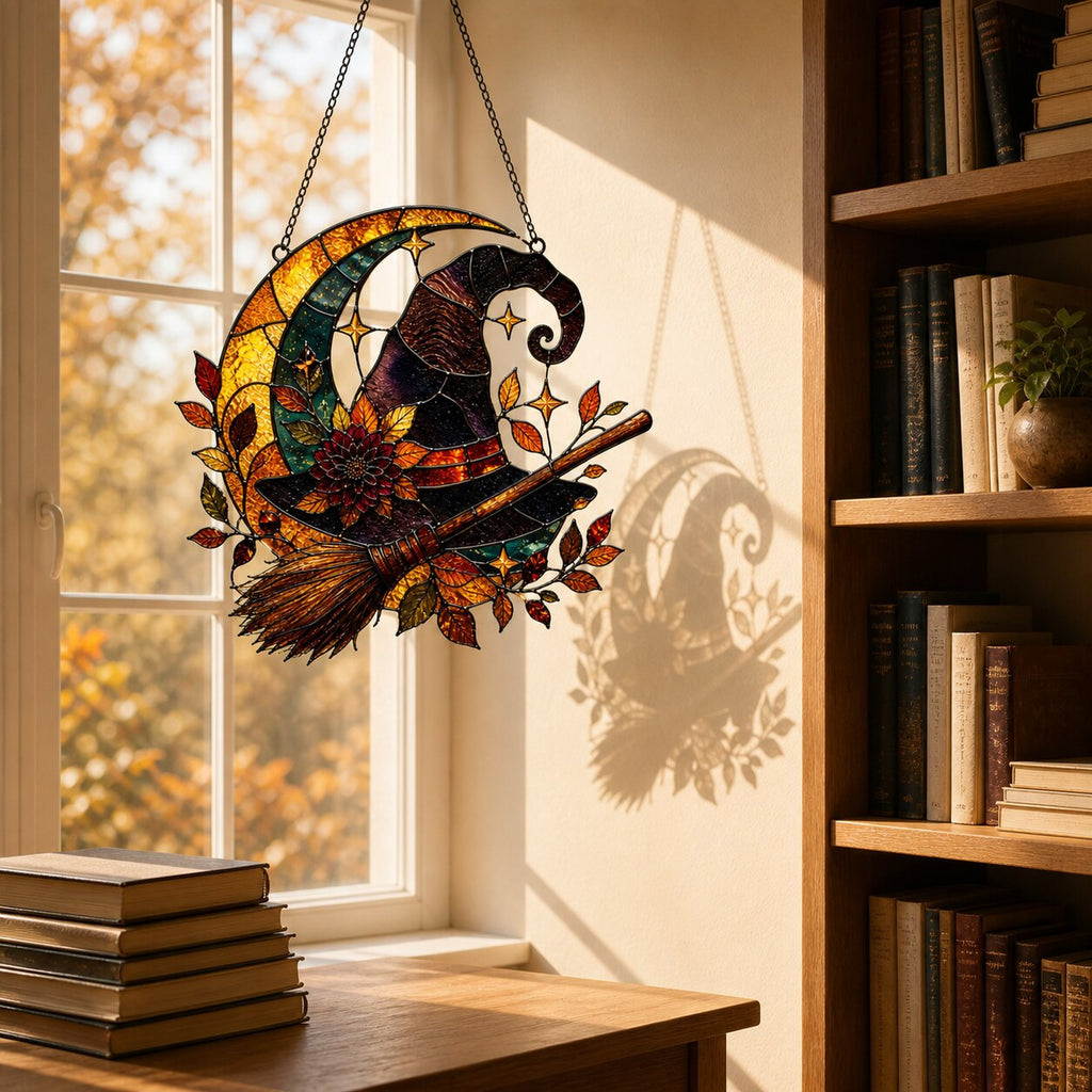 Witch Hat and Broom on Crescent Moon window hanging suncatcher with rainbow light reflections