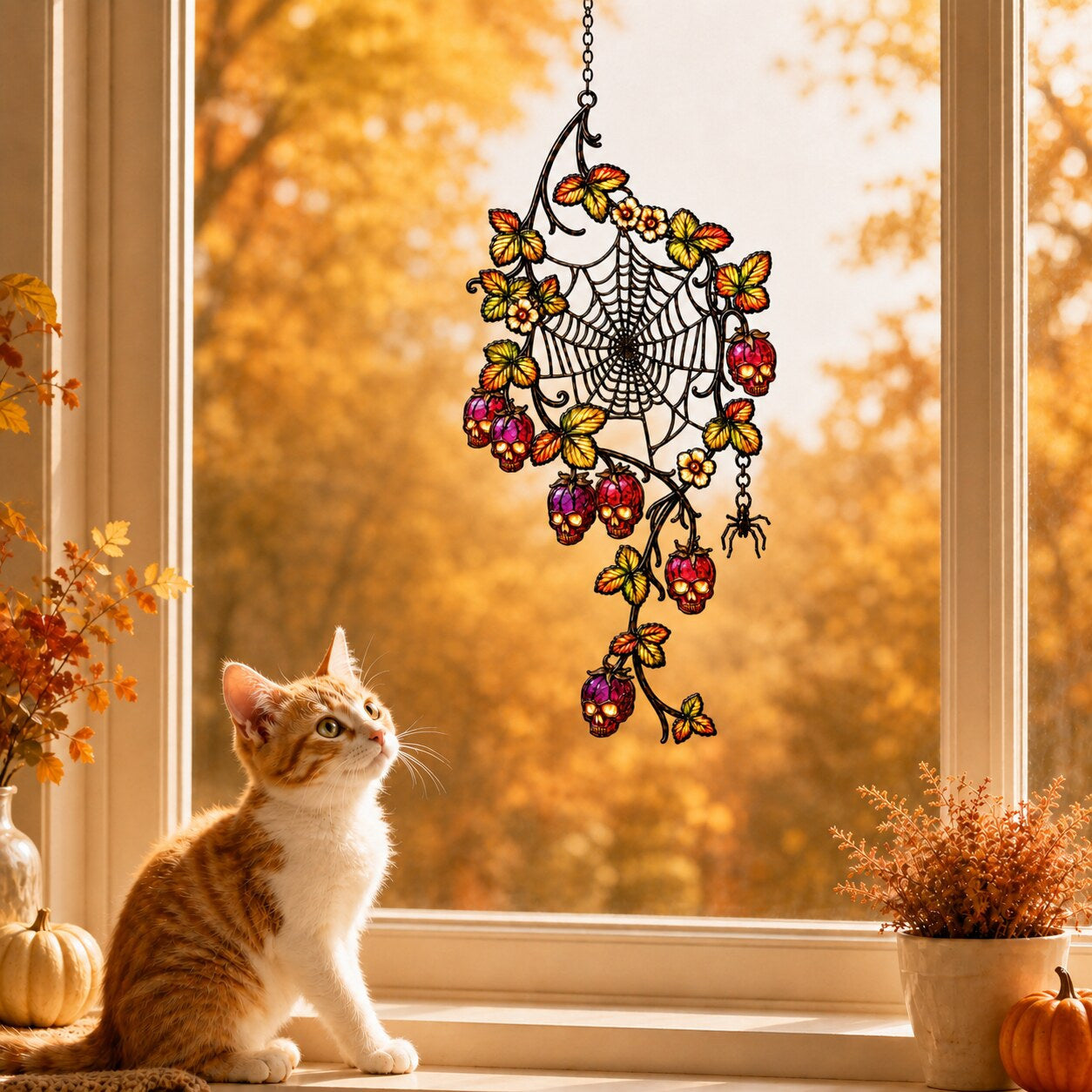 Spider Web with Autumn Berries suncatcher catching afternoon light in a home window