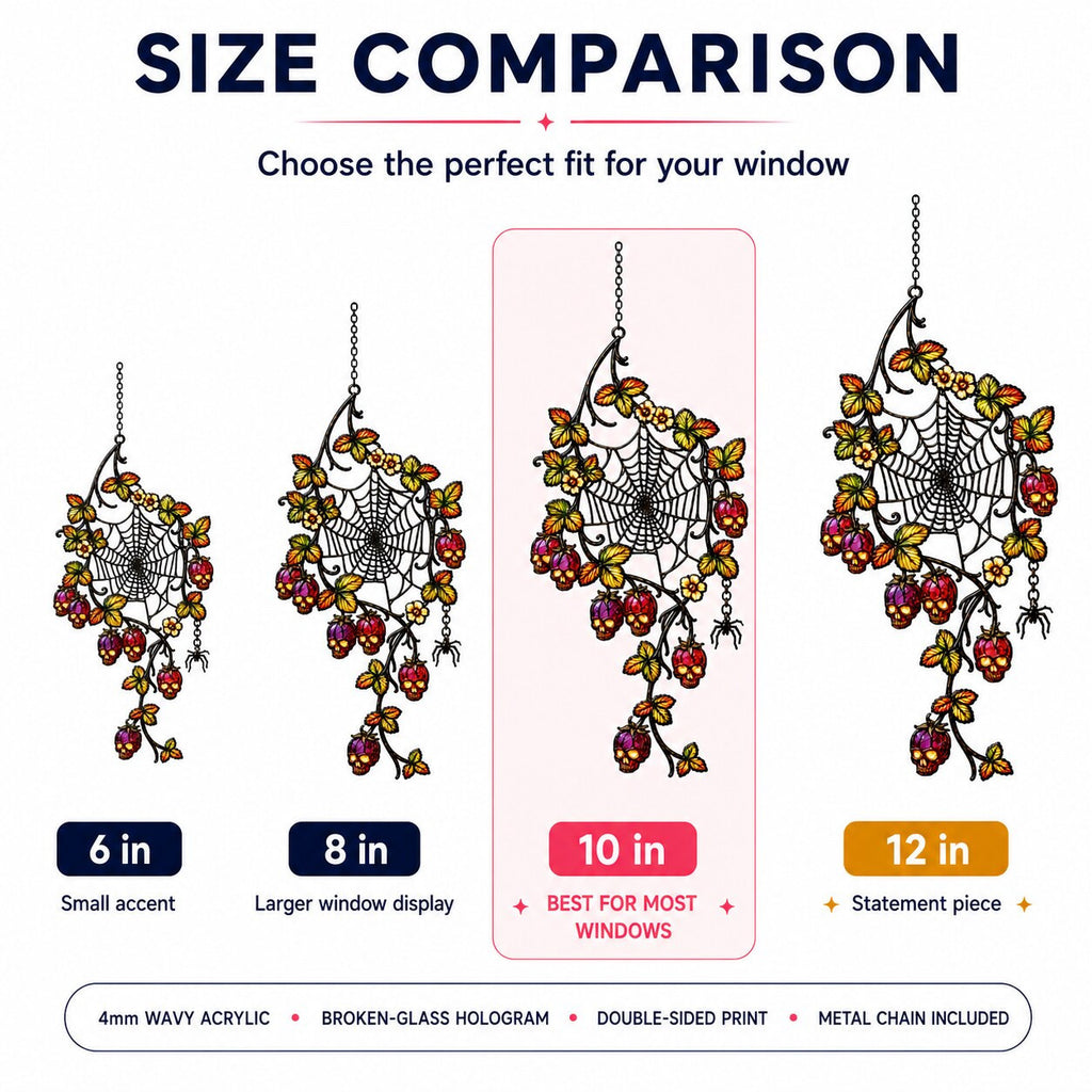 Size comparison chart for the Spider Web with Autumn Berries suncatcher: 6, 8, 10 and 12 inch options