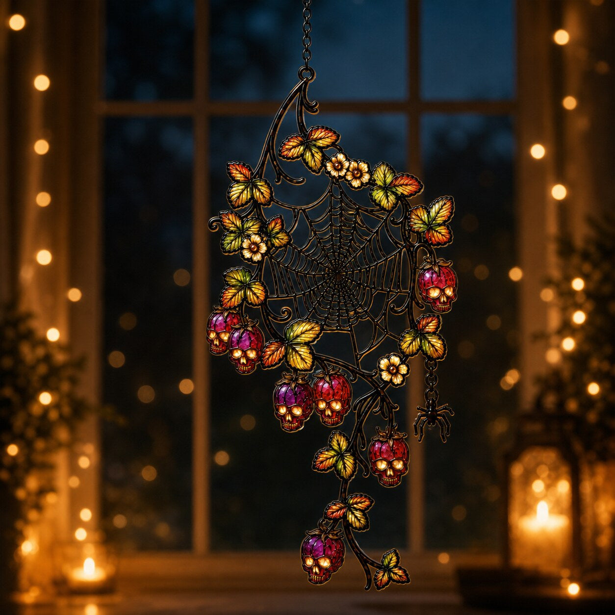 Spider Web with Autumn Berries holographic suncatcher with sunlight passing through the acrylic