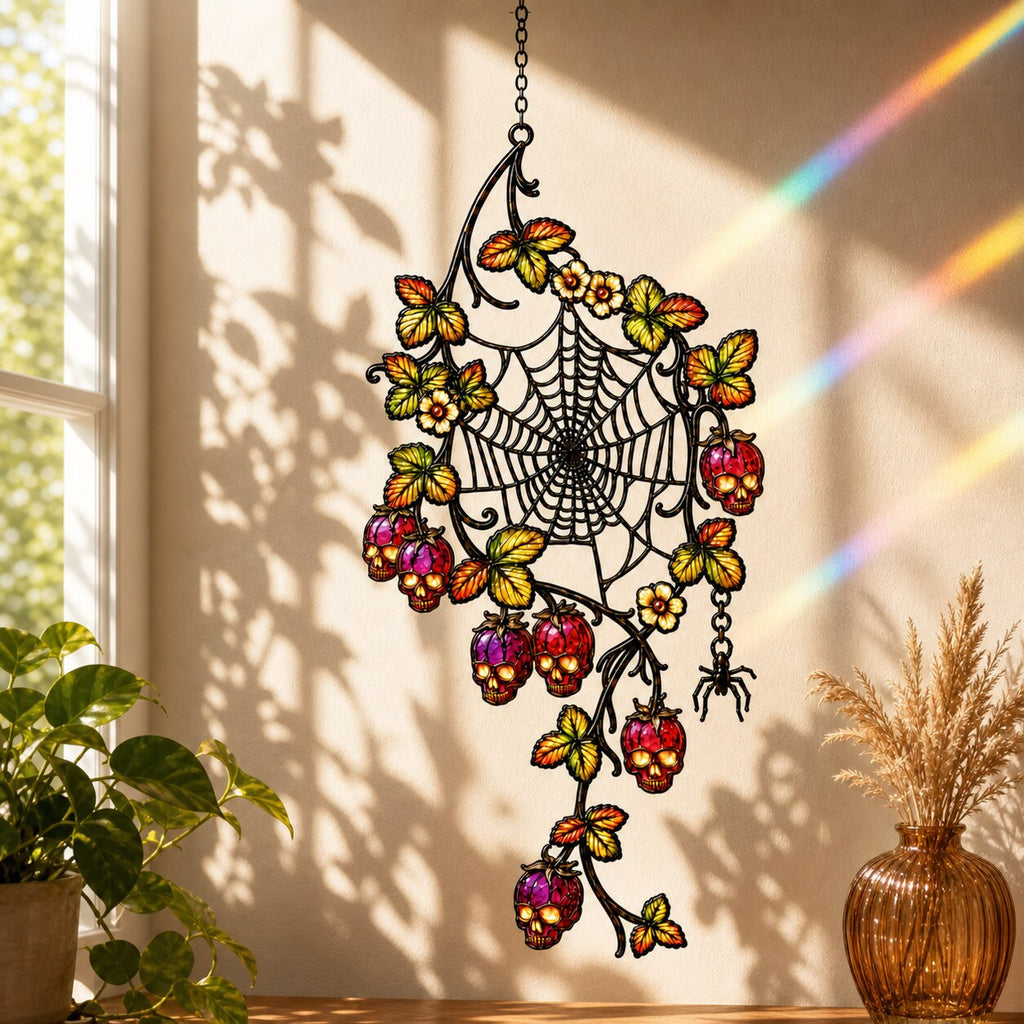 Spider Web with Autumn Berries suncatcher on its metal hanging chain in a bright window