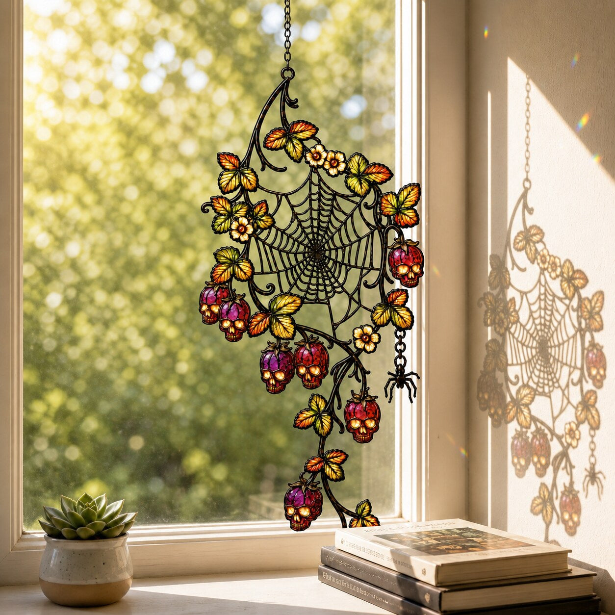 Spider Web with Autumn Berries acrylic suncatcher in a warm, softly lit interior