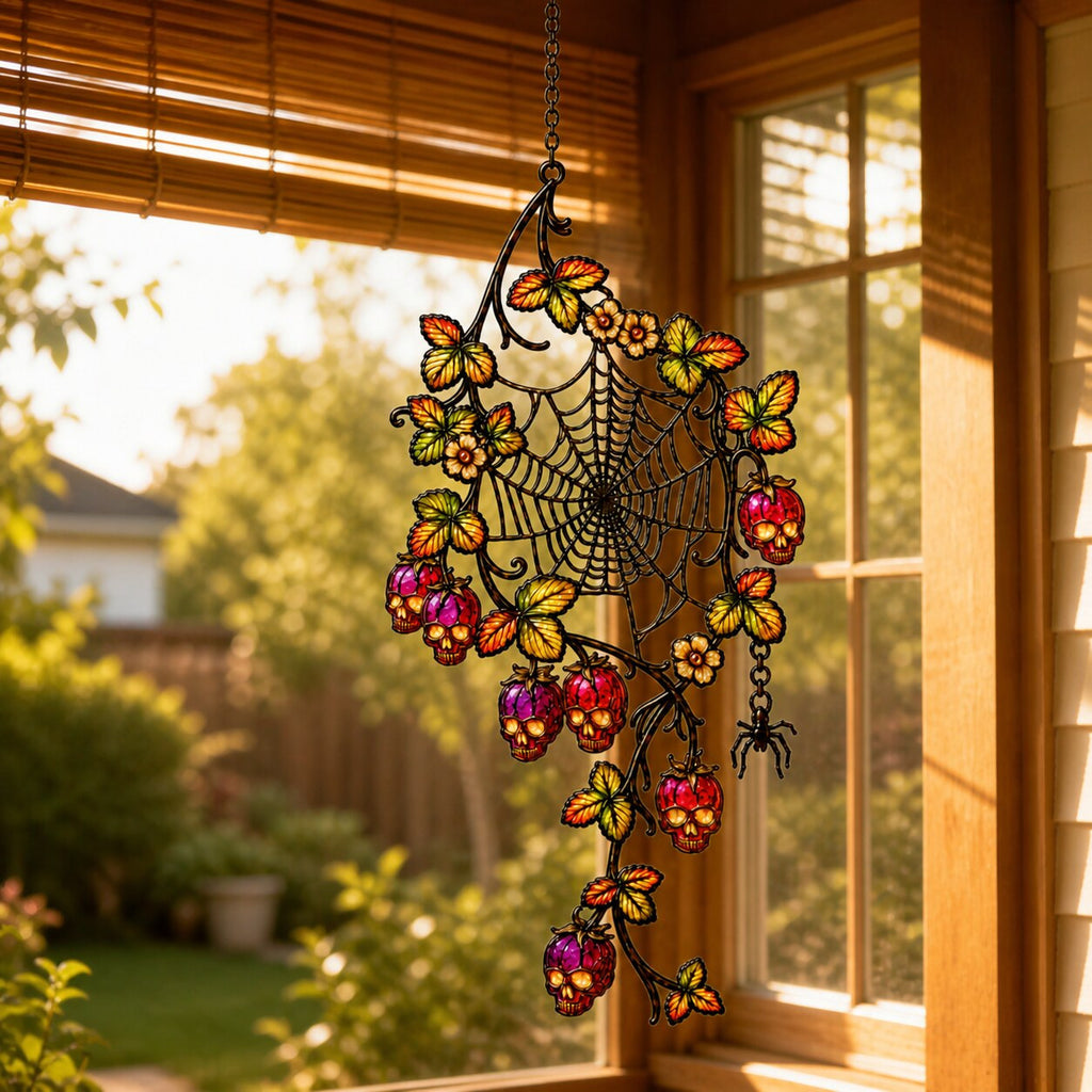 Spider Web with Autumn Berries suncatcher displayed in a home window