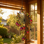 Spider Web with Autumn Berries suncatcher displayed in a home window
