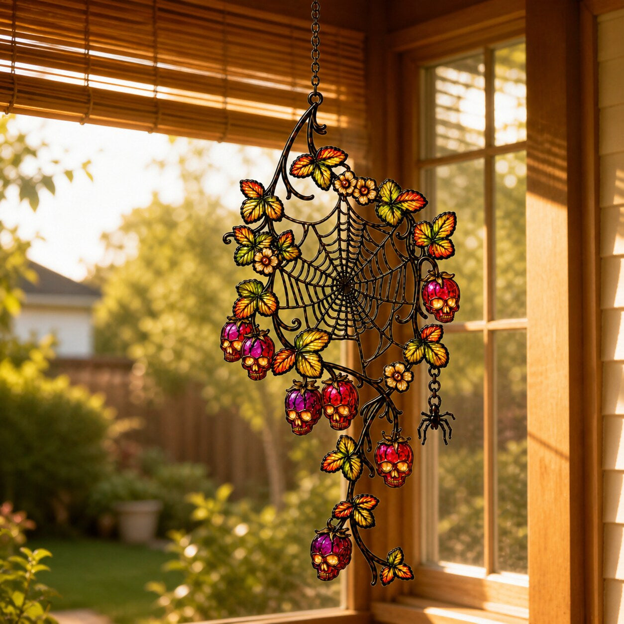 Spider Web with Autumn Berries suncatcher displayed in a home window