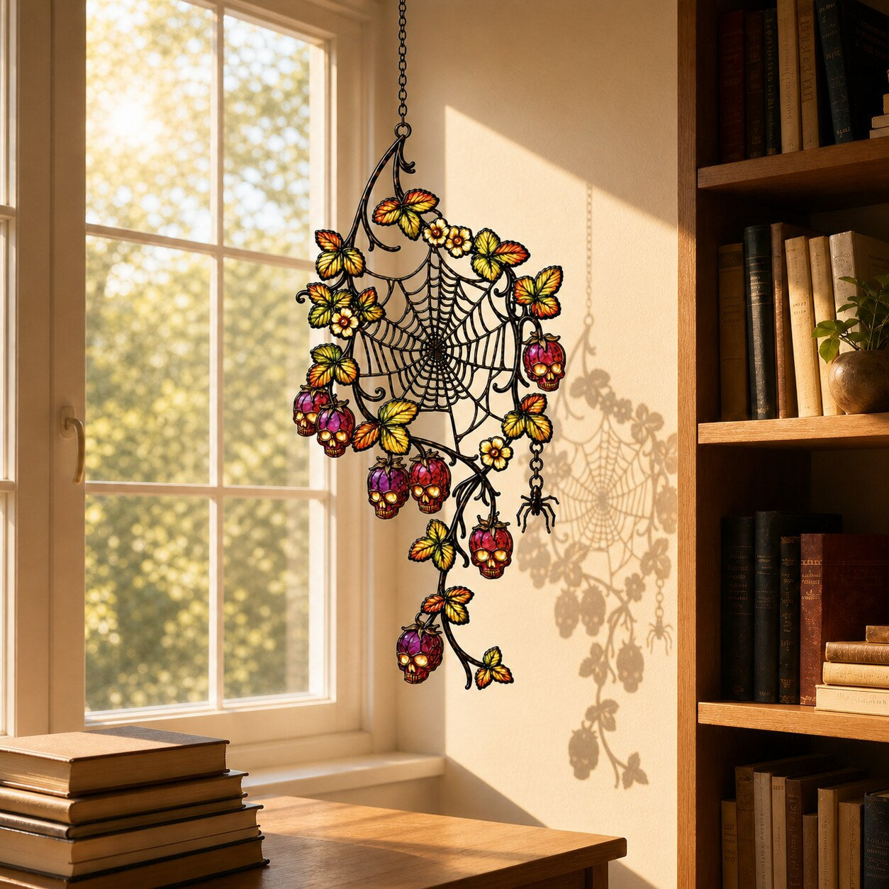 Spider Web with Autumn Berries window hanging suncatcher with rainbow light reflections