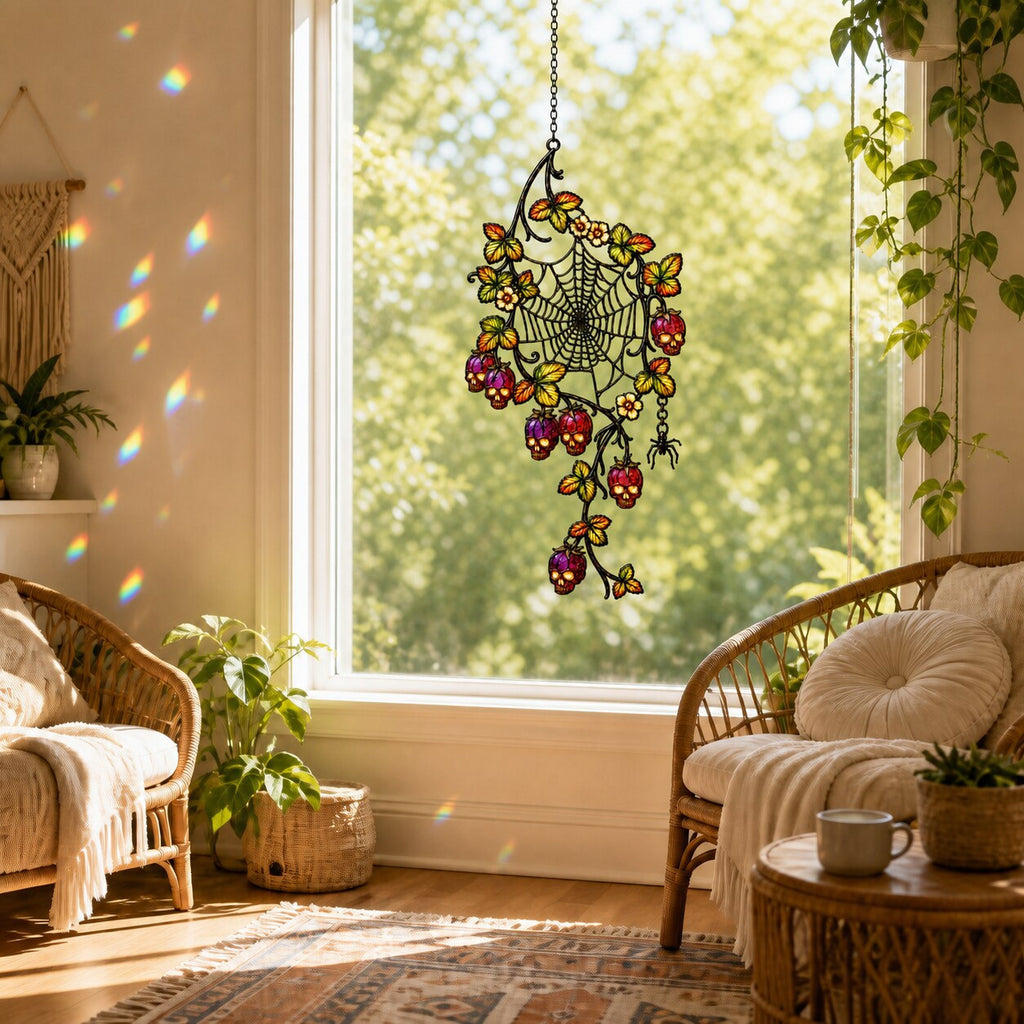 Spider Web with Autumn Berries suncatcher beside a window with seasonal decor
