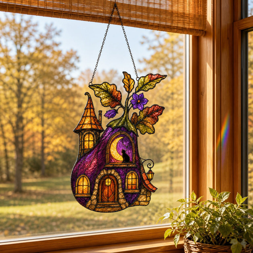 Purple Witch Cottage with Crescent Moon holographic acrylic suncatcher hanging in a sunlit window