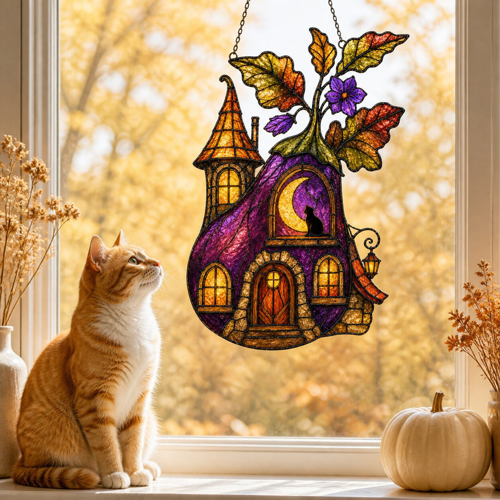 Close-up of the Purple Witch Cottage with Crescent Moon holographic suncatcher showing its stained-glass style artwork