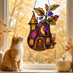 Close-up of the Purple Witch Cottage with Crescent Moon holographic suncatcher showing its stained-glass style artwork