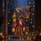 Purple Witch Cottage with Crescent Moon acrylic suncatcher hanging in a window with seasonal decor