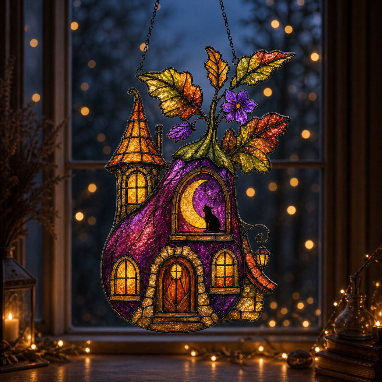 Purple Witch Cottage with Crescent Moon acrylic suncatcher hanging in a window with seasonal decor