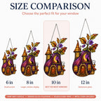 Size comparison chart for the Purple Witch Cottage with Crescent Moon suncatcher: 6, 8, 10 and 12 inch options
