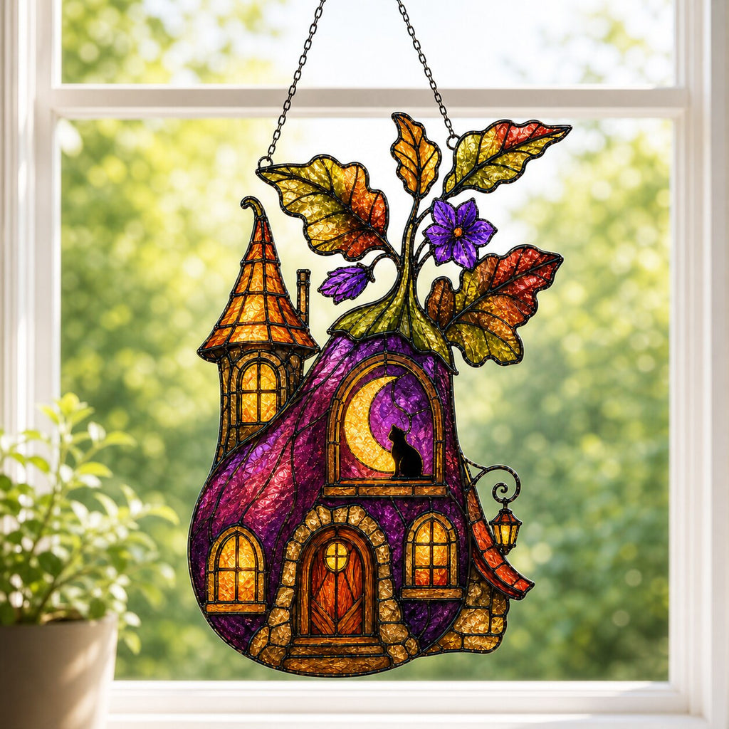 Purple Witch Cottage with Crescent Moon holographic acrylic suncatcher styled in a cozy room