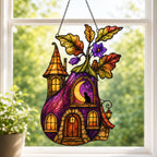 Purple Witch Cottage with Crescent Moon holographic acrylic suncatcher styled in a cozy room