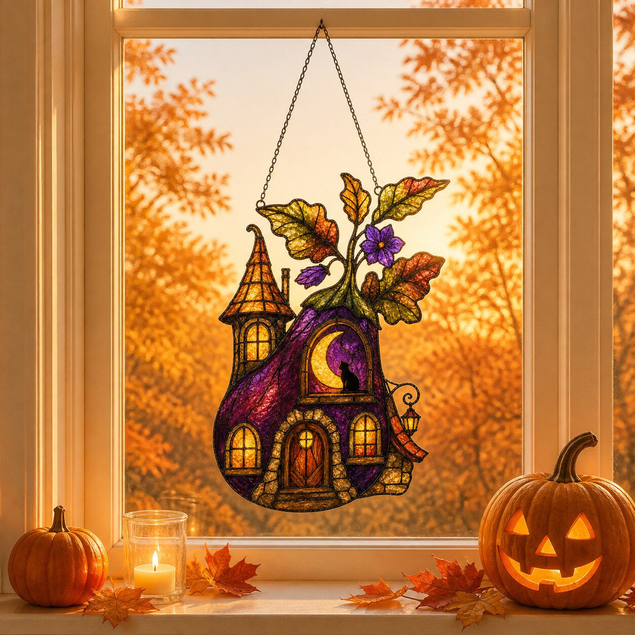 Purple Witch Cottage with Crescent Moon window suncatcher seen against a sunlit garden