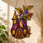 Purple Witch Cottage with Crescent Moon holographic suncatcher hanging in a living room window